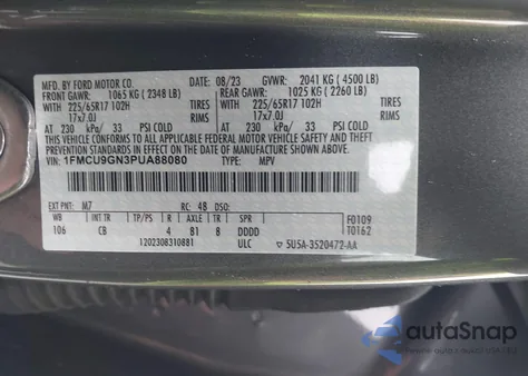 2023 Ford Escape Active z USA, uszkodzony, nr VIN 1FMCU9GN3PUA88080